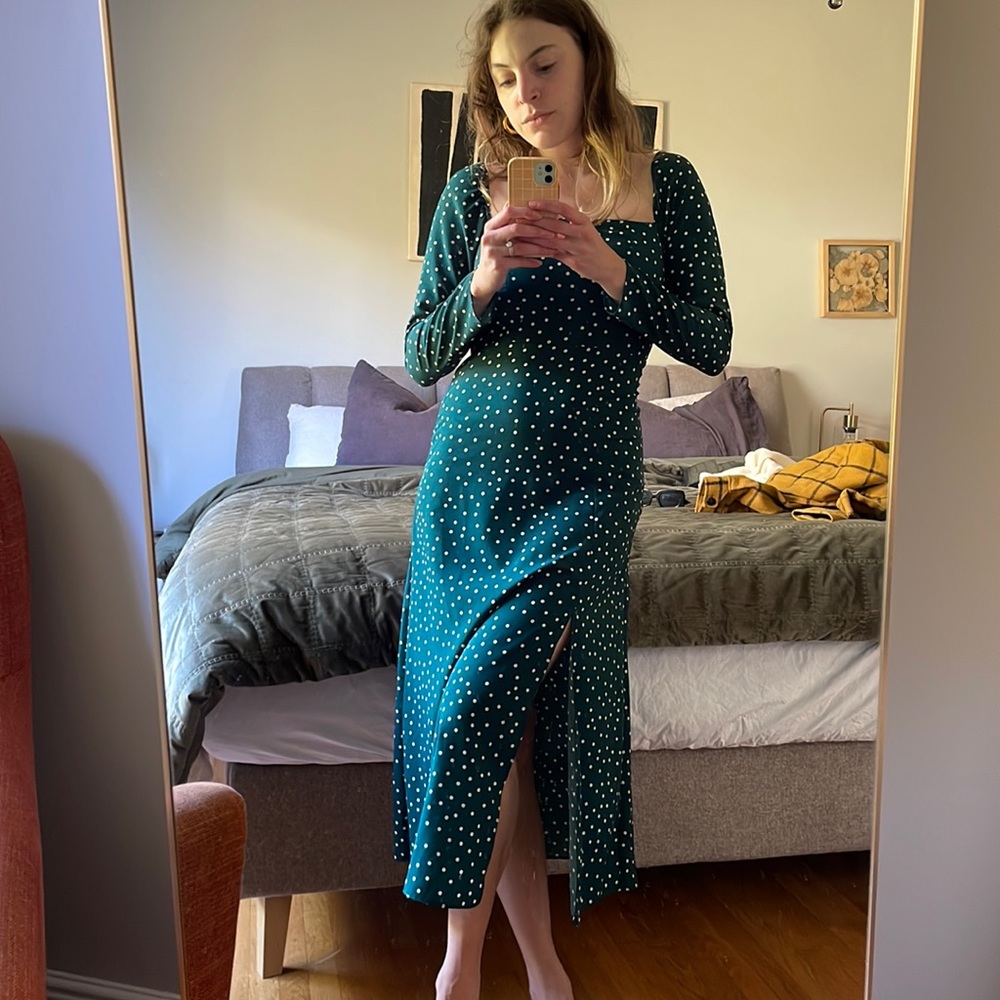 ASOS Square Neck Midi Dress with side slit & polka dots